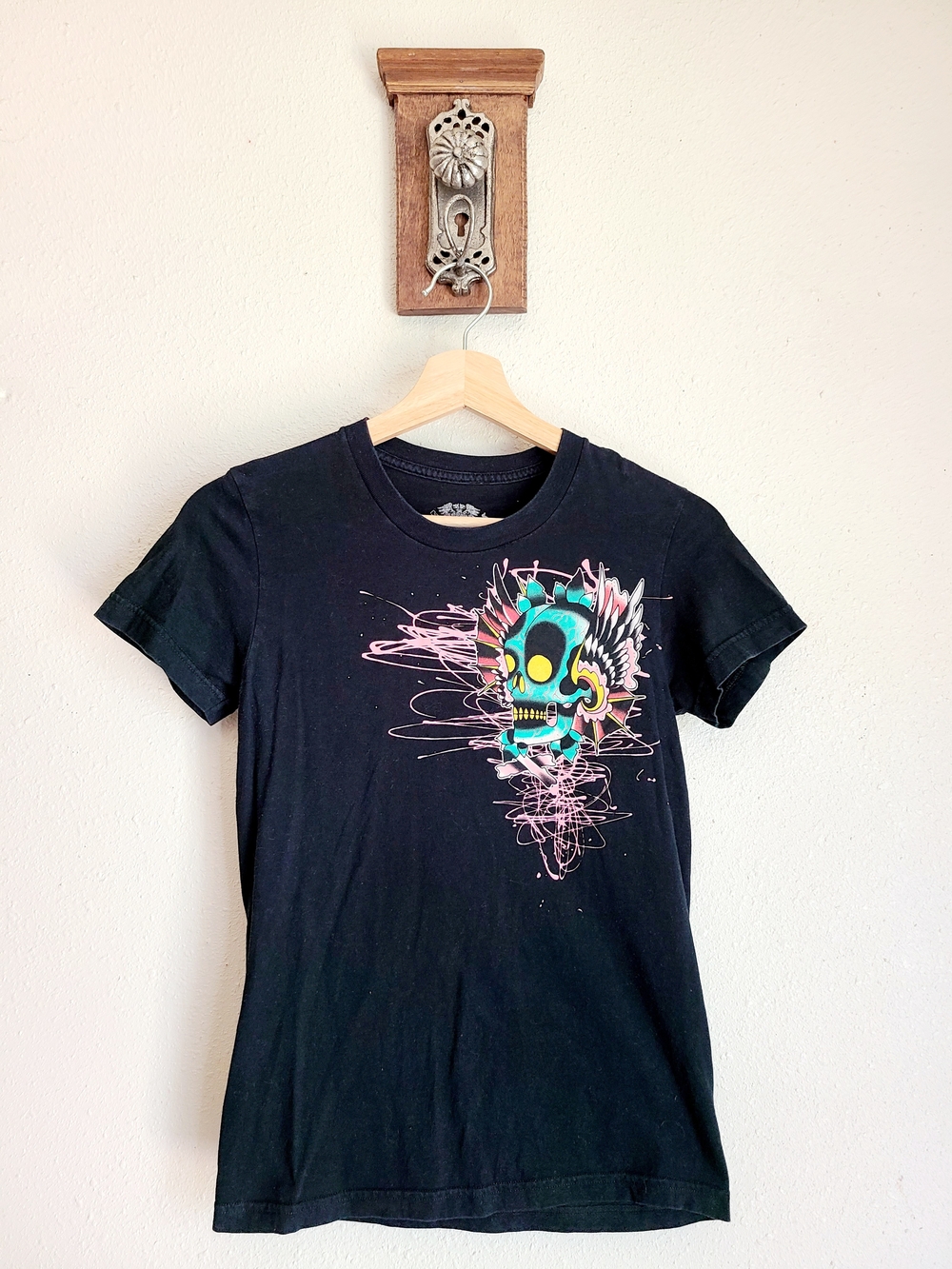 Zodiac Black Short Sleeve Tee with Colorful Skull Graphic